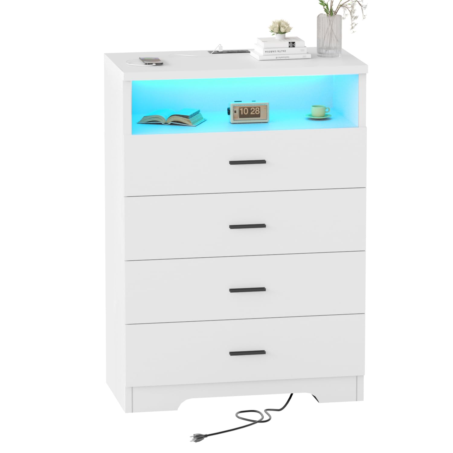 FJTJBSI Dresser with Power Outlets Wooden 6 Drawer Dresser with Large Organizer Black Tall Storage Organizer with Smooth Metal Rail Modern Chest of Drawers Closet for Bedroom Hallway