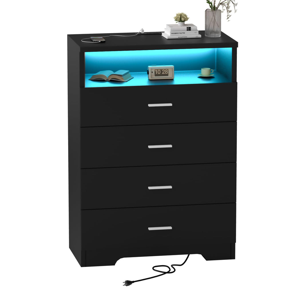 FJTJBSI Dresser with Power Outlets Wooden 6 Drawer Dresser with Large Organizer Black Tall Storage Organizer with Smooth Metal Rail Modern Chest of Drawers Closet for Bedroom Hallway