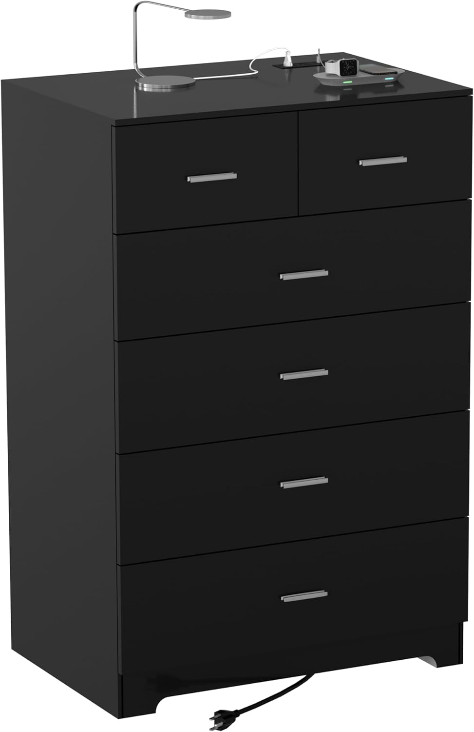 FJTJBSI Dresser with Power Outlets Wooden 6 Drawer Dresser with Large Organizer Black Tall Storage Organizer with Smooth Metal Rail Modern Chest of Drawers Closet for Bedroom Hallway