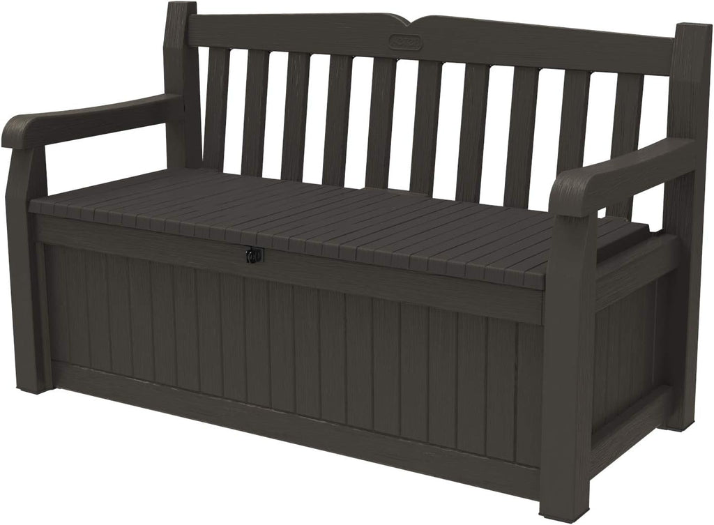 Keter Solana 70 Gallon Storage Bench Deck Box for Patio Furniture, Front Porch Decor and Outdoor Seating – Perfect to Store Garden Tools and Pool Toys, Brown/Brown