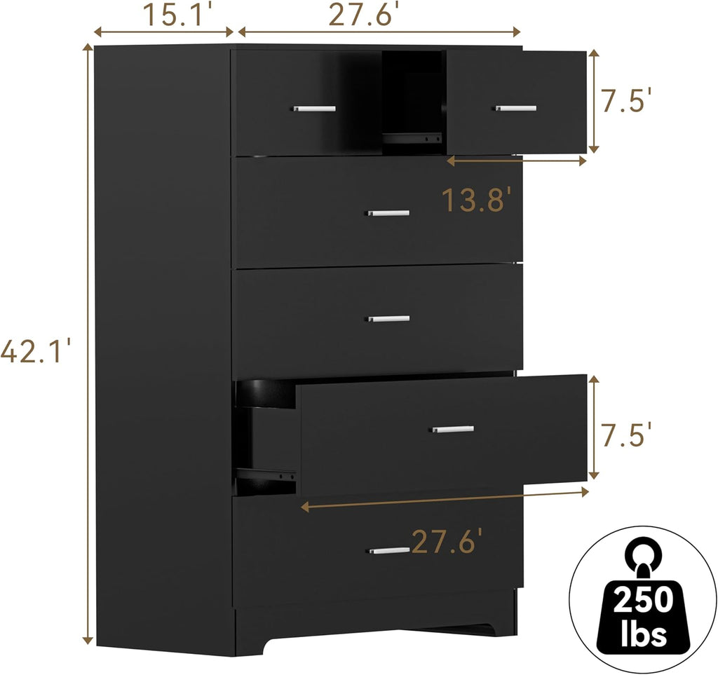 FJTJBSI Dresser with Power Outlets Wooden 6 Drawer Dresser with Large Organizer Black Tall Storage Organizer with Smooth Metal Rail Modern Chest of Drawers Closet for Bedroom Hallway