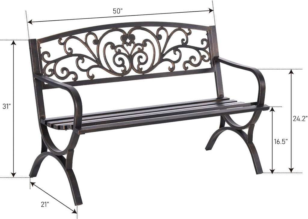 50 Inch Bronze Cast Iron Garden Bench with Floral Backrest