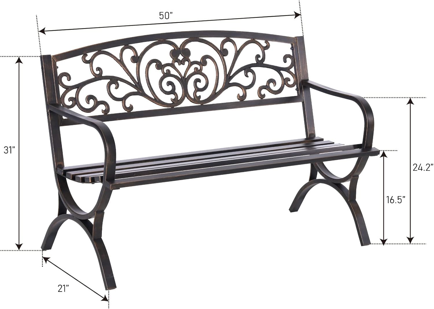 50 Inch Bronze Cast Iron Garden Bench with Floral Backrest