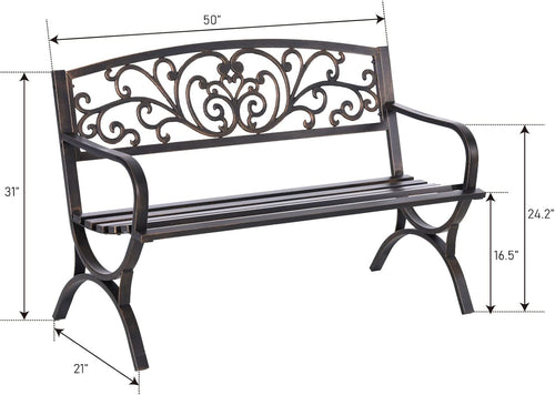 50 Inch Bronze Cast Iron Garden Bench with Floral Backrest