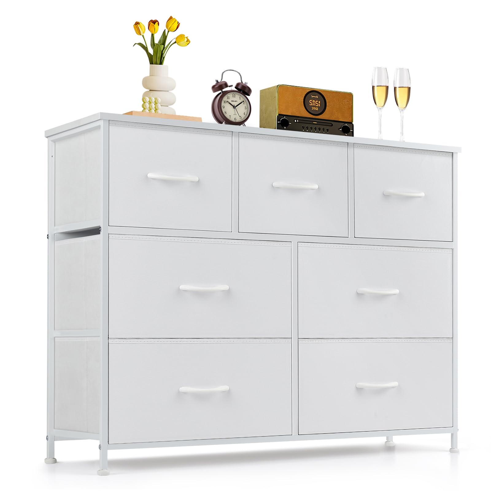 9-Drawer Dresser for Bedroom, Anti-Tip Tall Storage Organizer Chest of Drawers with Wooden Top and Metal Frame Fabric Bins for Closet, Living Room, Hallway, Entryway, White