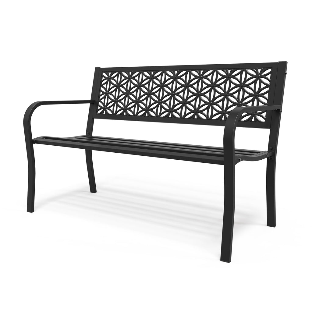 VINGLI 50" Outdoor Bench Metal with Floral Back, Garden Bench Front Porch Benches for Yard Patio Entryway Park, 800lb Capacity - Blue