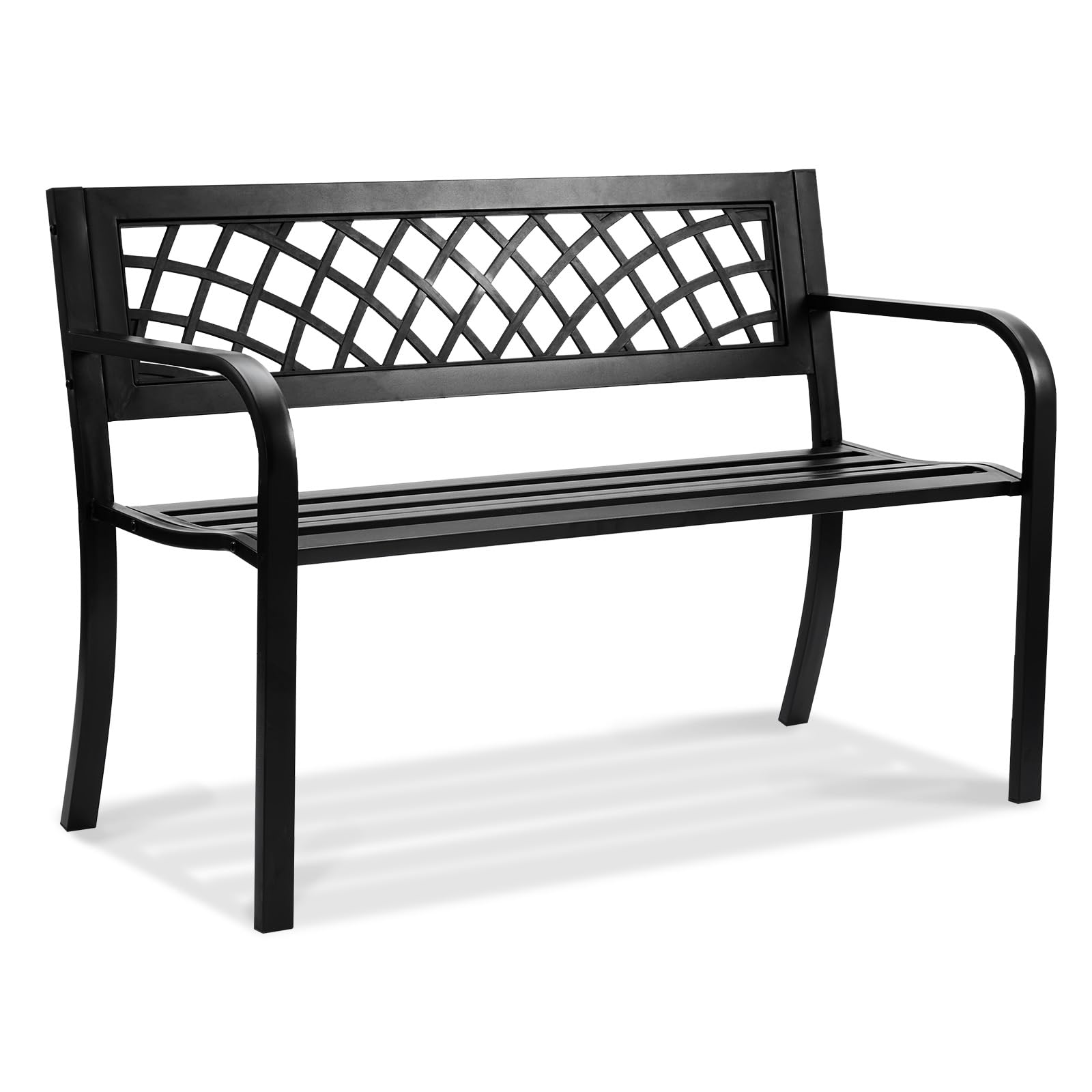 VEVOR Outdoor Bench, 46" Iron Steel Frame Garden Park Bench with Mesh Pattern and Plastic Backrest Armrests, Patio Bench for Garden, Park, Yard, Front Porch