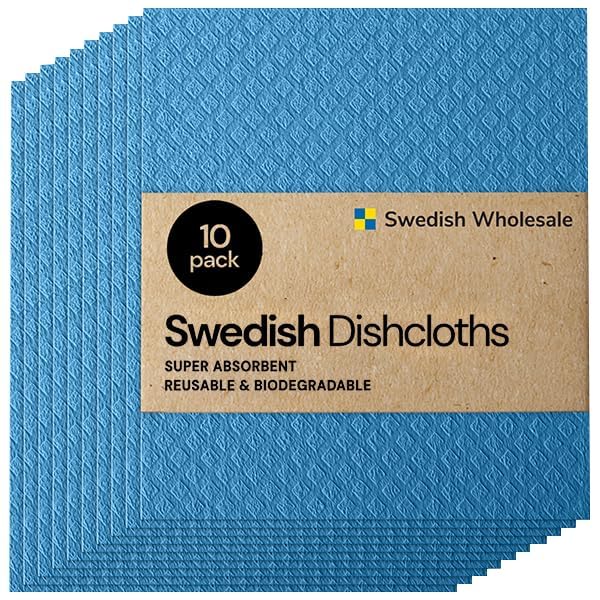 Swedish Wholesale Dishcloths Reusable 8" x 7" Sponge Cloths, Bulk 10 Pack of High Absorbent Cellulose Dish & Kitchen Cleaning Hand Towels, Wring to Dry & Machine Wash, Odor Resistant, White