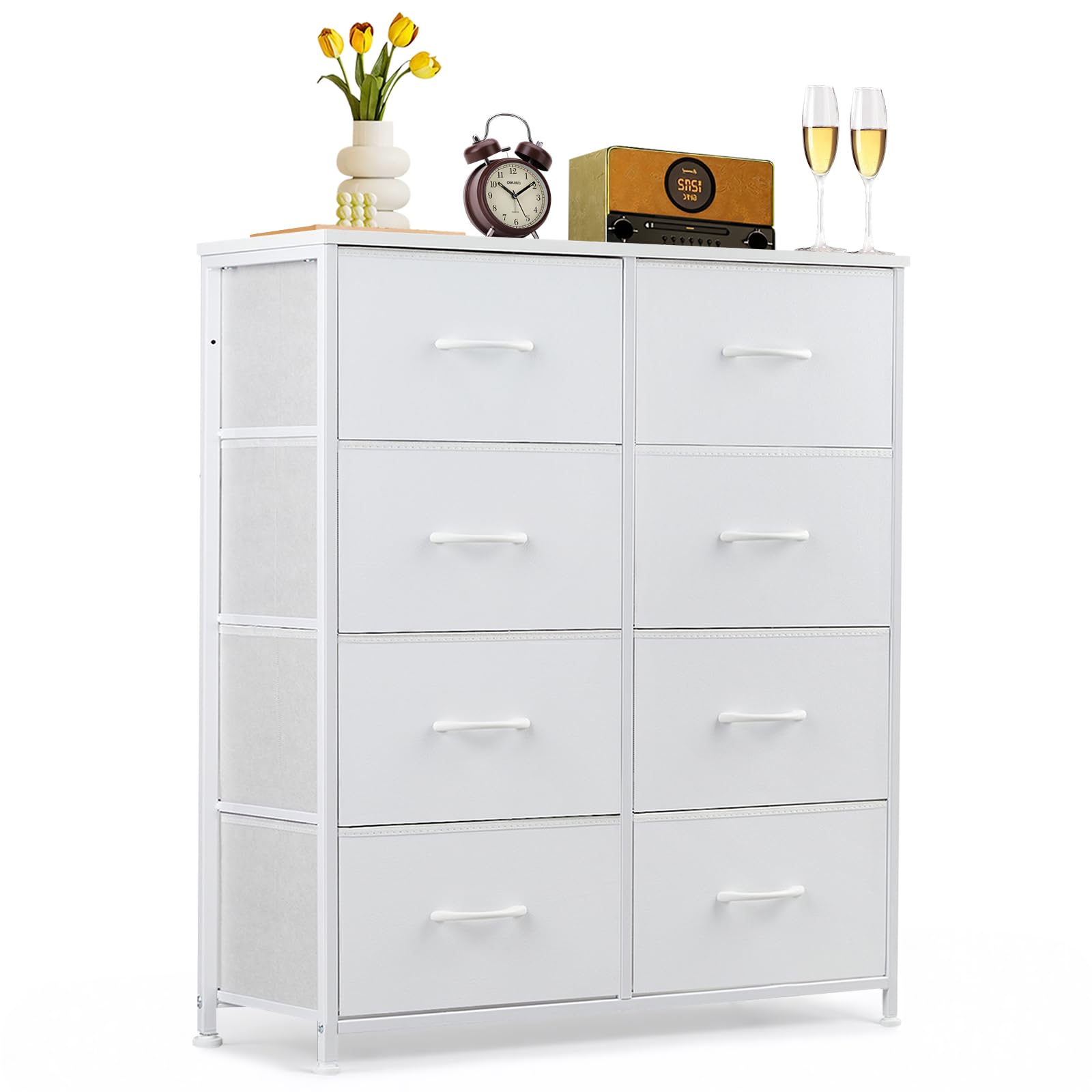 9-Drawer Dresser for Bedroom, Anti-Tip Tall Storage Organizer Chest of Drawers with Wooden Top and Metal Frame Fabric Bins for Closet, Living Room, Hallway, Entryway, White