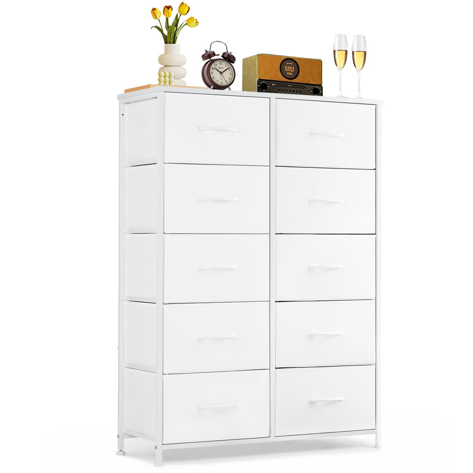 9-Drawer Dresser for Bedroom, Anti-Tip Tall Storage Organizer Chest of Drawers with Wooden Top and Metal Frame Fabric Bins for Closet, Living Room, Hallway, Entryway, White