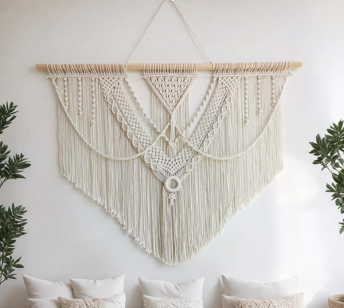 oiikain Large Handmade Boho Macrame Wall Hanging Tapestry - Chic Bohemian Woven Home Decor art for Living Room, Bedroom, and Wedding Parties (Beige, twelve rhombus)