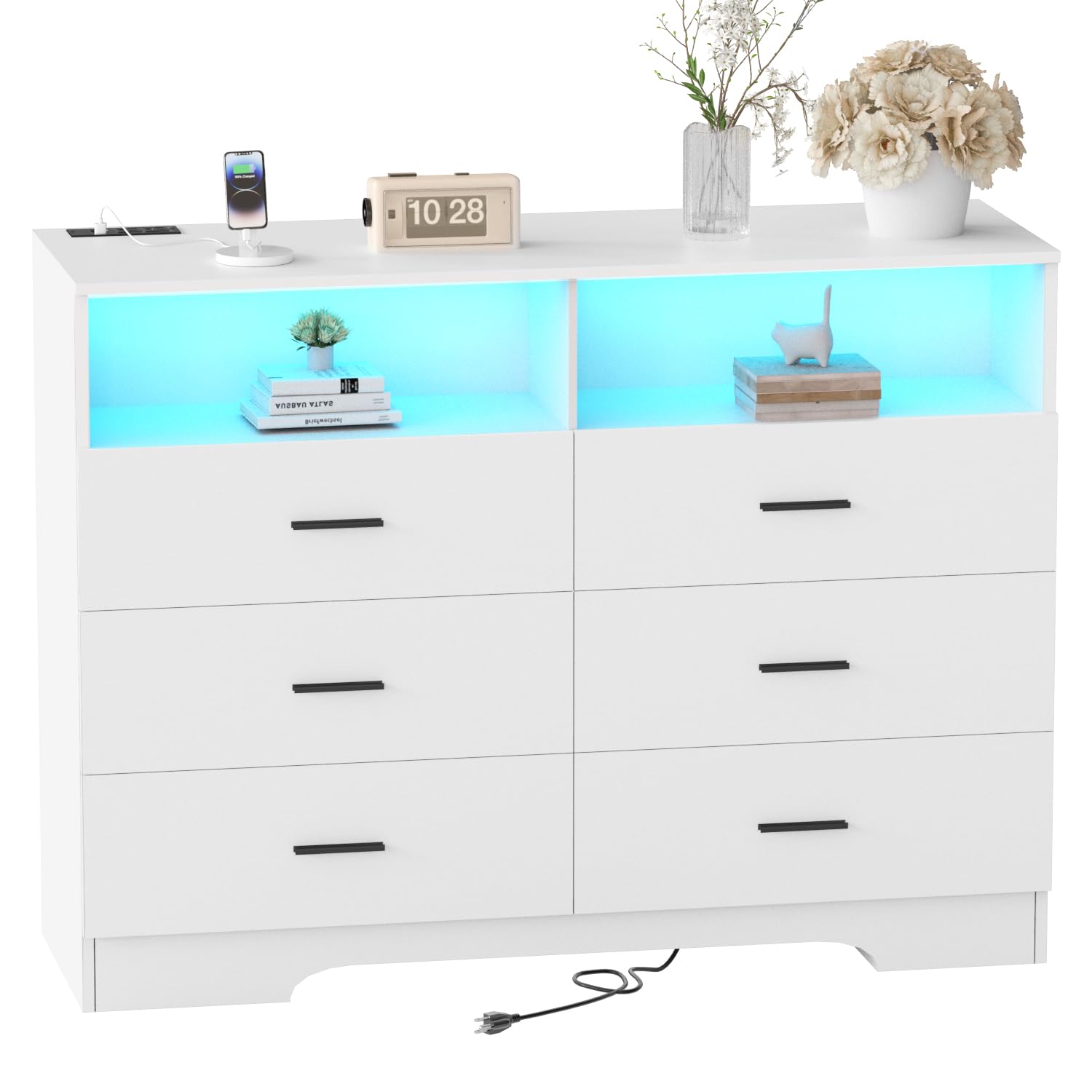 FJTJBSI Dresser with Power Outlets Wooden 6 Drawer Dresser with Large Organizer Black Tall Storage Organizer with Smooth Metal Rail Modern Chest of Drawers Closet for Bedroom Hallway