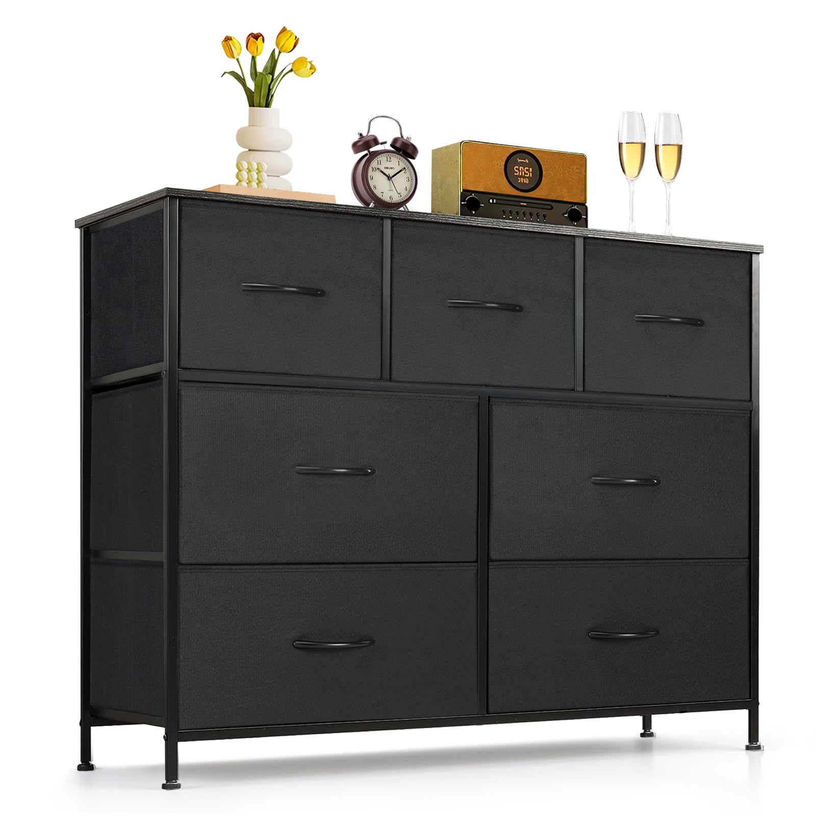 9-Drawer Dresser for Bedroom, Anti-Tip Tall Storage Organizer Chest of Drawers with Wooden Top and Metal Frame Fabric Bins for Closet, Living Room, Hallway, Entryway, White