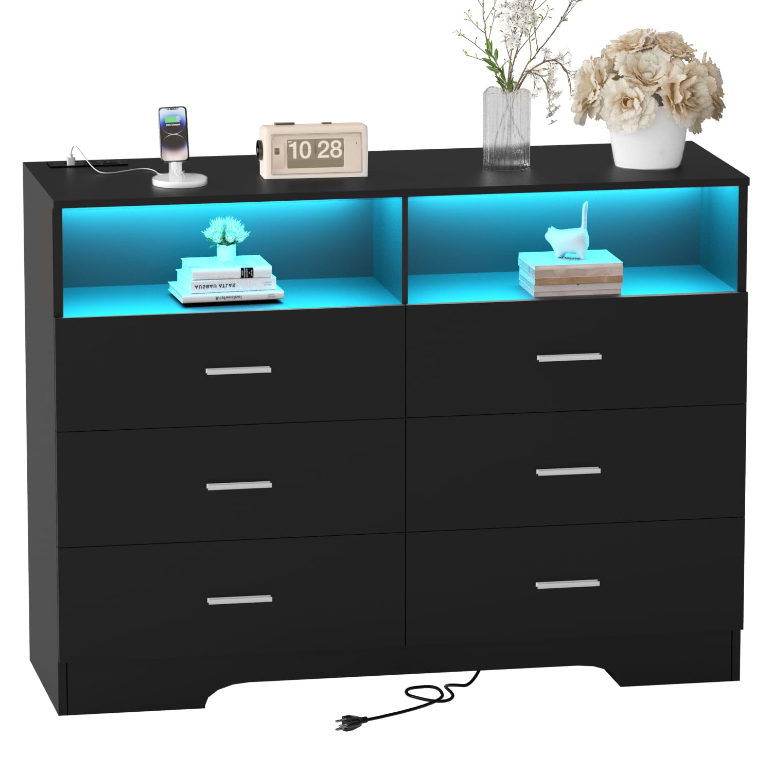 FJTJBSI Dresser with Power Outlets Wooden 6 Drawer Dresser with Large Organizer Black Tall Storage Organizer with Smooth Metal Rail Modern Chest of Drawers Closet for Bedroom Hallway