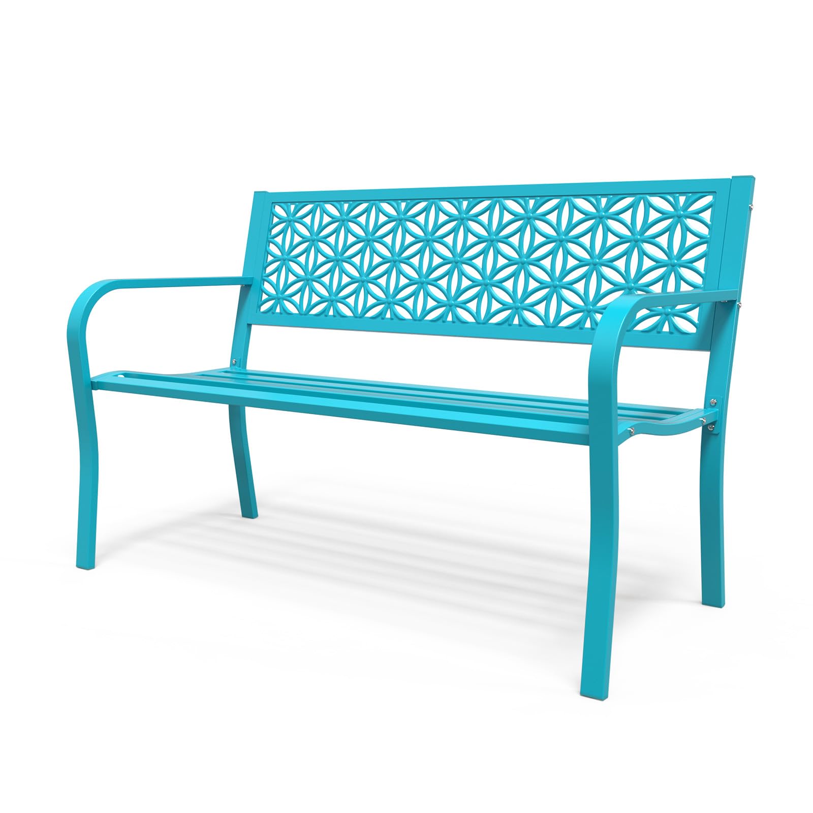 VINGLI 50" Outdoor Bench Metal with Floral Back, Garden Bench Front Porch Benches for Yard Patio Entryway Park, 800lb Capacity - Blue