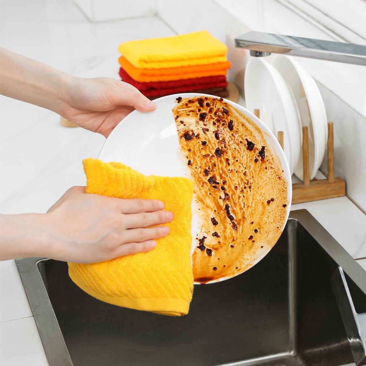 100% Cotton Kitchen Towels and Dishcloths Set, Pack of 8 Super Absorbent 16" x 25" Kitchen Towels and 13" x 13" Dish Cloths (400 GSM)