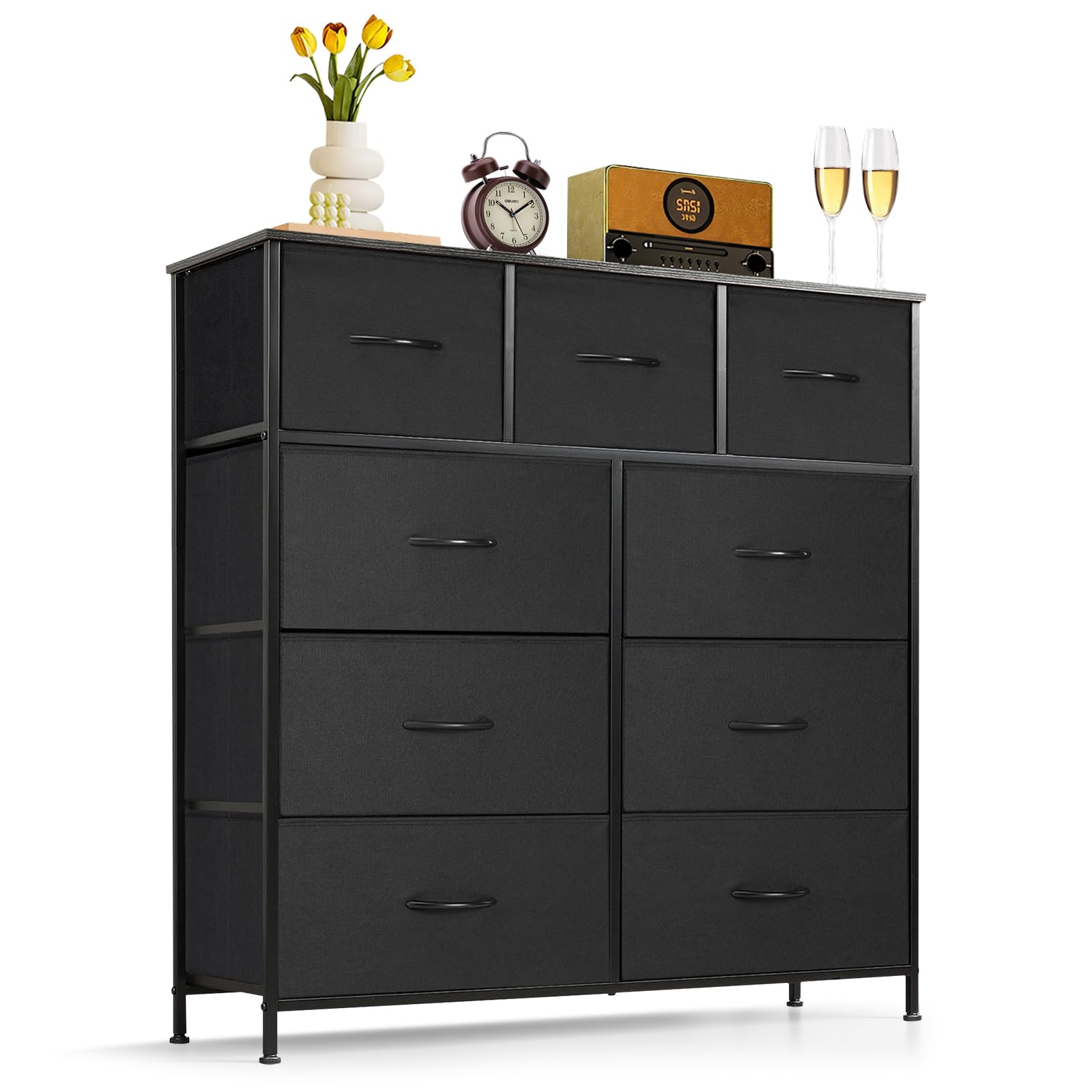 9-Drawer Dresser for Bedroom, Anti-Tip Tall Storage Organizer Chest of Drawers with Wooden Top and Metal Frame Fabric Bins for Closet, Living Room, Hallway, Entryway, White