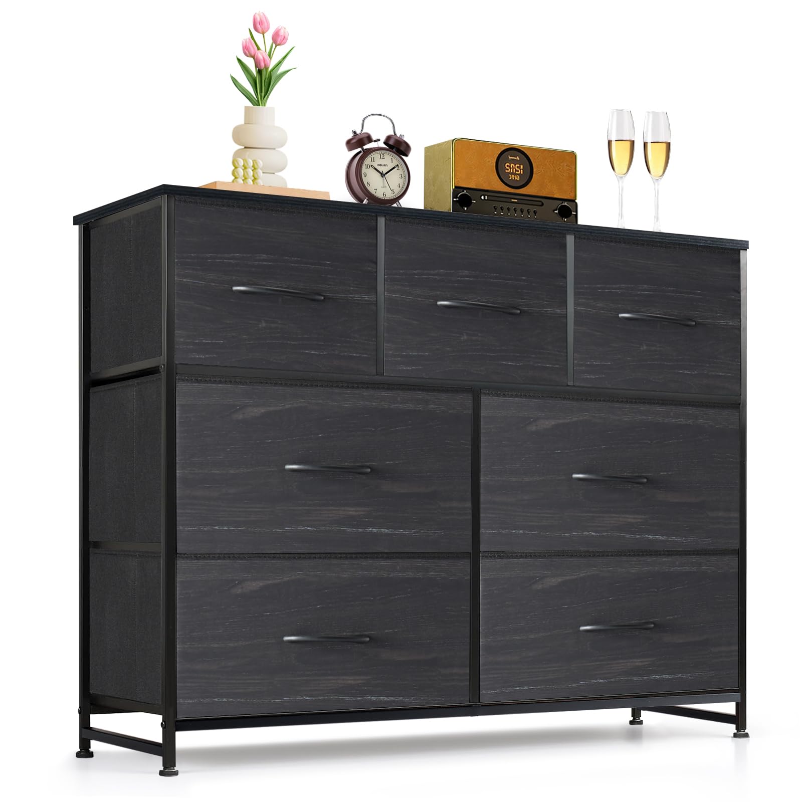 9-Drawer Dresser for Bedroom, Anti-Tip Tall Storage Organizer Chest of Drawers with Wooden Top and Metal Frame Fabric Bins for Closet, Living Room, Hallway, Entryway, White
