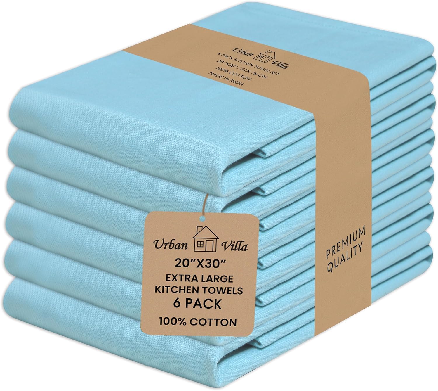 Urban Villa Kitchen Towels 100% Cotton Dish Towels for Kitchen (Set of 6) 20”x30” Dish Cloths Highly Absorbent Kitchen Linen Set with Hanging Loop Perfect for Drying Dishes Cleaning Towels-Blue White