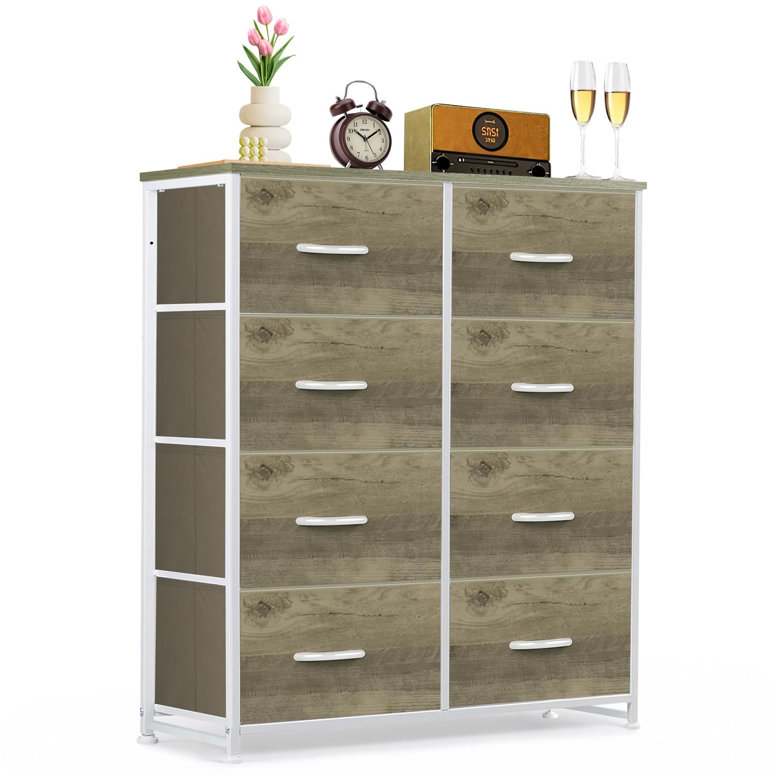9-Drawer Dresser for Bedroom, Anti-Tip Tall Storage Organizer Chest of Drawers with Wooden Top and Metal Frame Fabric Bins for Closet, Living Room, Hallway, Entryway, White