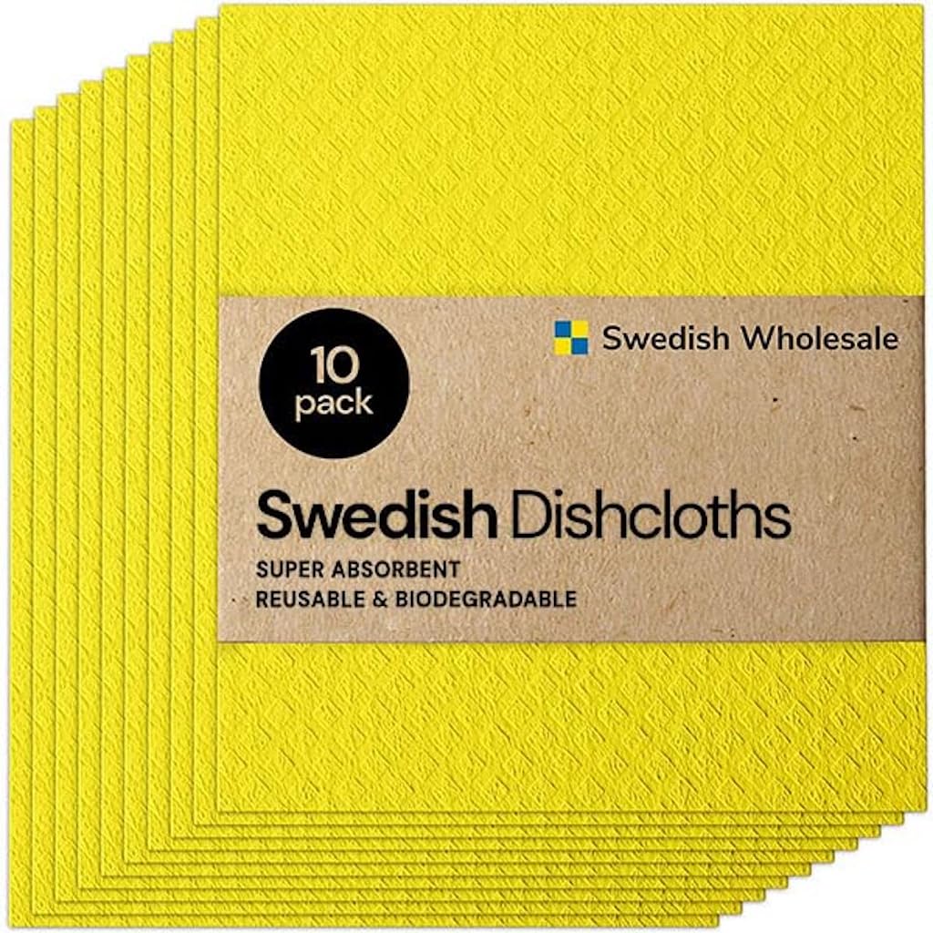 Swedish Wholesale Dishcloths Reusable 8" x 7" Sponge Cloths, Bulk 10 Pack of High Absorbent Cellulose Dish & Kitchen Cleaning Hand Towels, Wring to Dry & Machine Wash, Odor Resistant, White