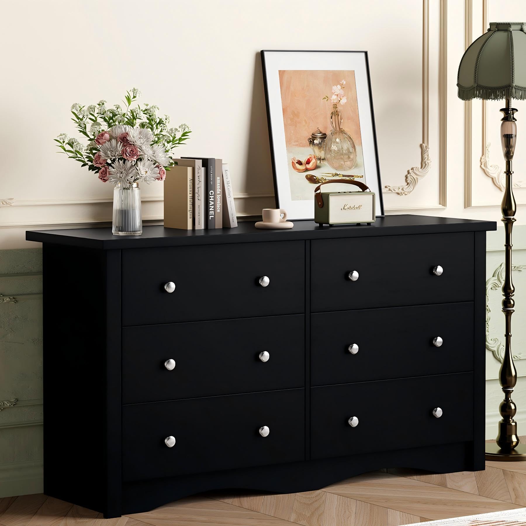 Shahoo Black Dresser for Bedroom with 6 Drawers, 47.2" Wide Chest Storage Organizer and TV Stand for Living Room, Closet, Hallway, Dormitory
