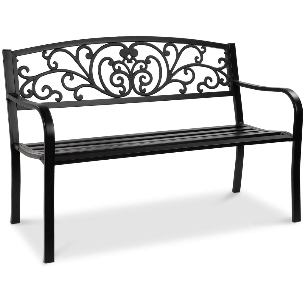 Best Choice Products Outdoor Bench Steel Garden Patio Porch Furniture for Lawn, Park, Deck w/Floral Design Backrest, Slatted Seat - Sky Blue