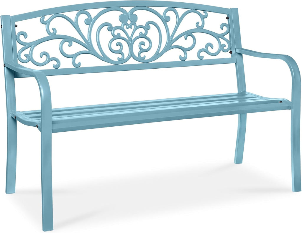Best Choice Products Outdoor Bench Steel Garden Patio Porch Furniture for Lawn, Park, Deck w/Floral Design Backrest, Slatted Seat - Sky Blue