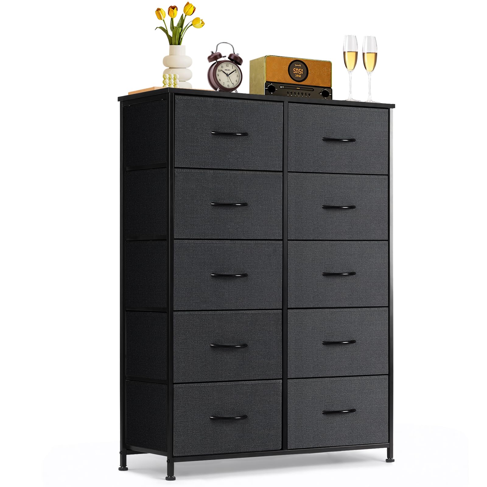 9-Drawer Dresser for Bedroom, Anti-Tip Tall Storage Organizer Chest of Drawers with Wooden Top and Metal Frame Fabric Bins for Closet, Living Room, Hallway, Entryway, White