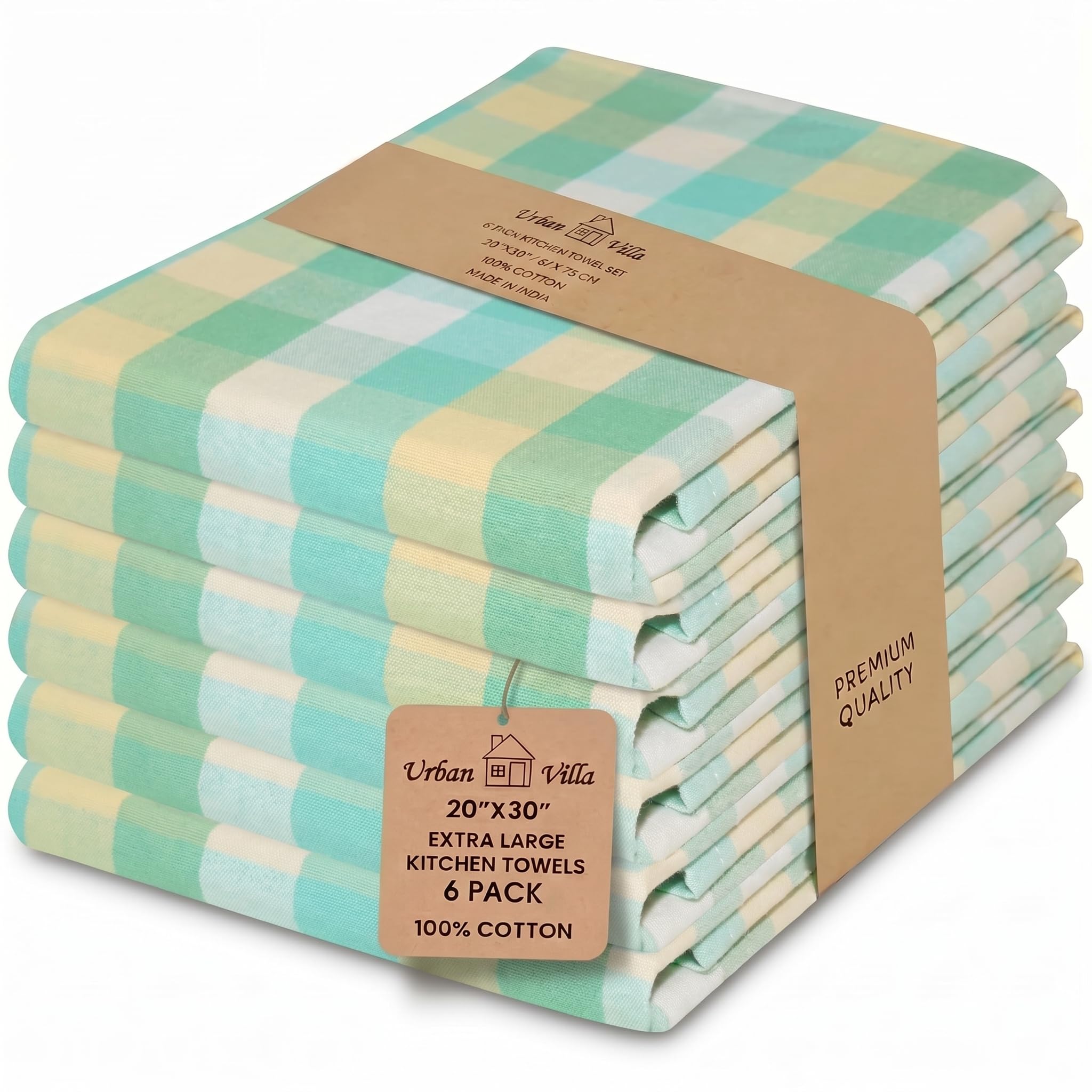 Urban Villa Kitchen Towels 100% Cotton Dish Towels for Kitchen (Set of 6) 20”x30” Dish Cloths Highly Absorbent Kitchen Linen Set with Hanging Loop Perfect for Drying Dishes Cleaning Towels-Blue White