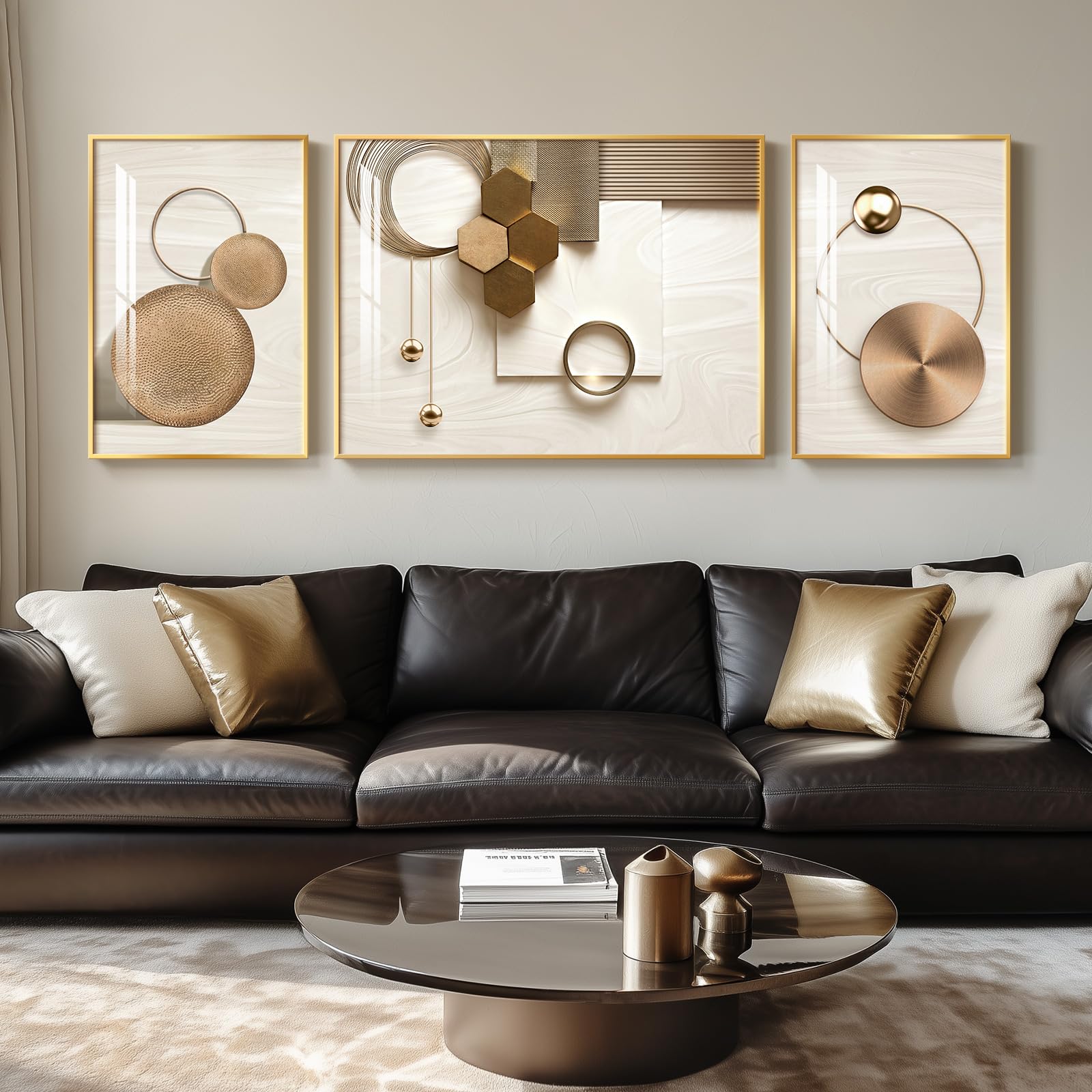 Large Framed Modern Luxury Gold Wall Art for Living Room, 3 Piece Bright Style Art Prints Paintings Artwork for Walls, Bronze Gold Geometric Pictures for Hallway Stair Office Wall Decor 24x36 In