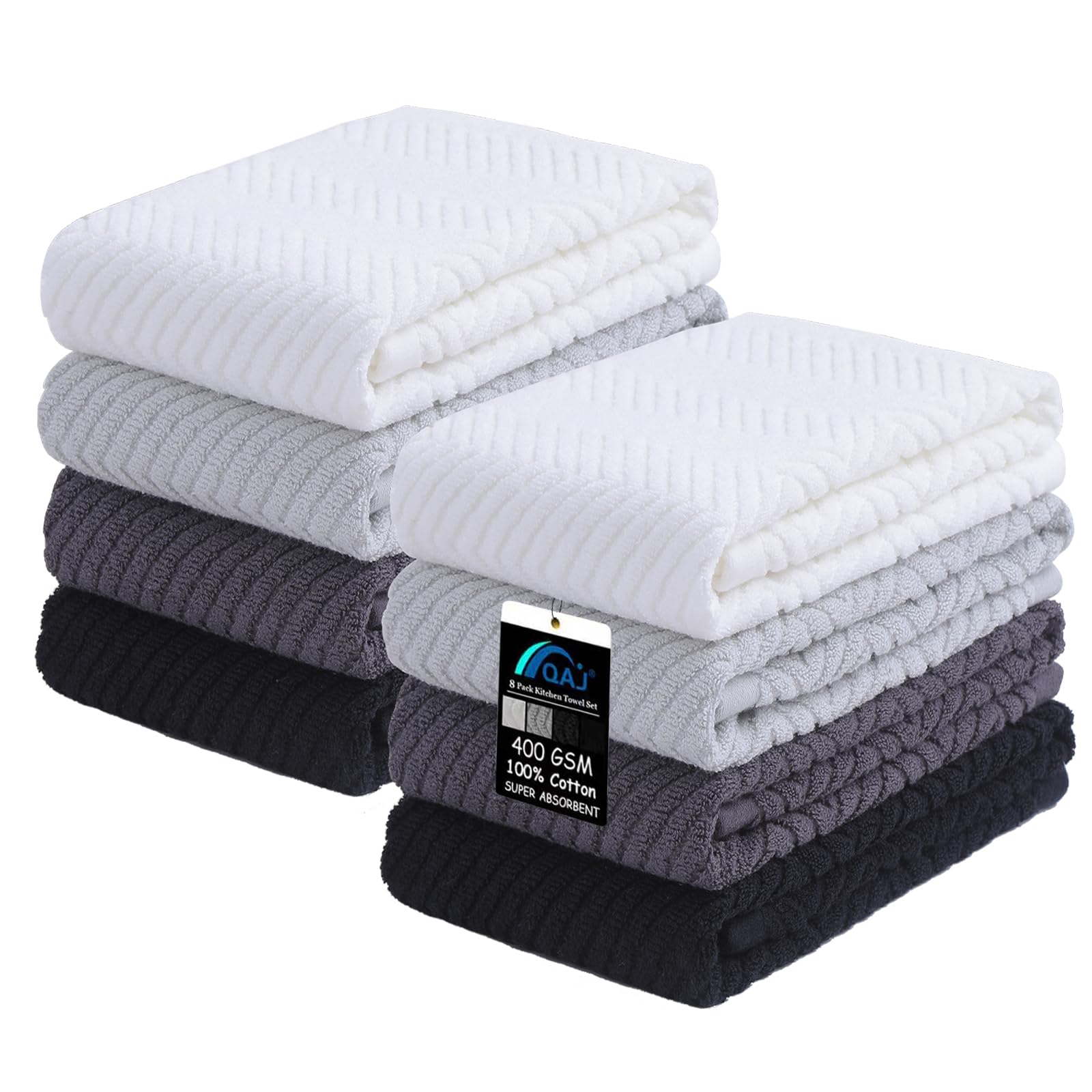 100% Cotton Kitchen Towels and Dishcloths Set, Pack of 8 Super Absorbent 16" x 25" Kitchen Towels and 13" x 13" Dish Cloths (400 GSM)