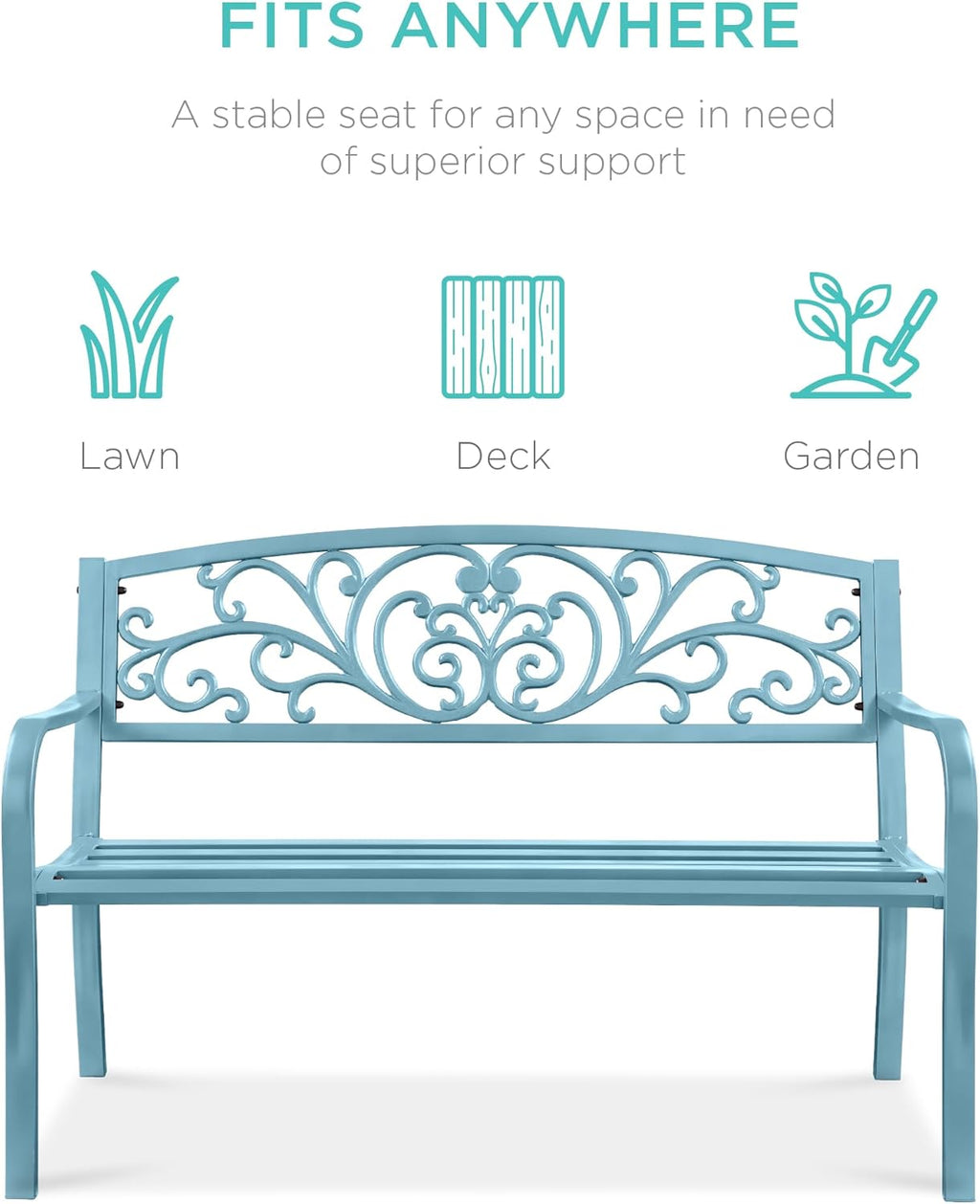 Best Choice Products Outdoor Bench Steel Garden Patio Porch Furniture for Lawn, Park, Deck w/Floral Design Backrest, Slatted Seat - Sky Blue