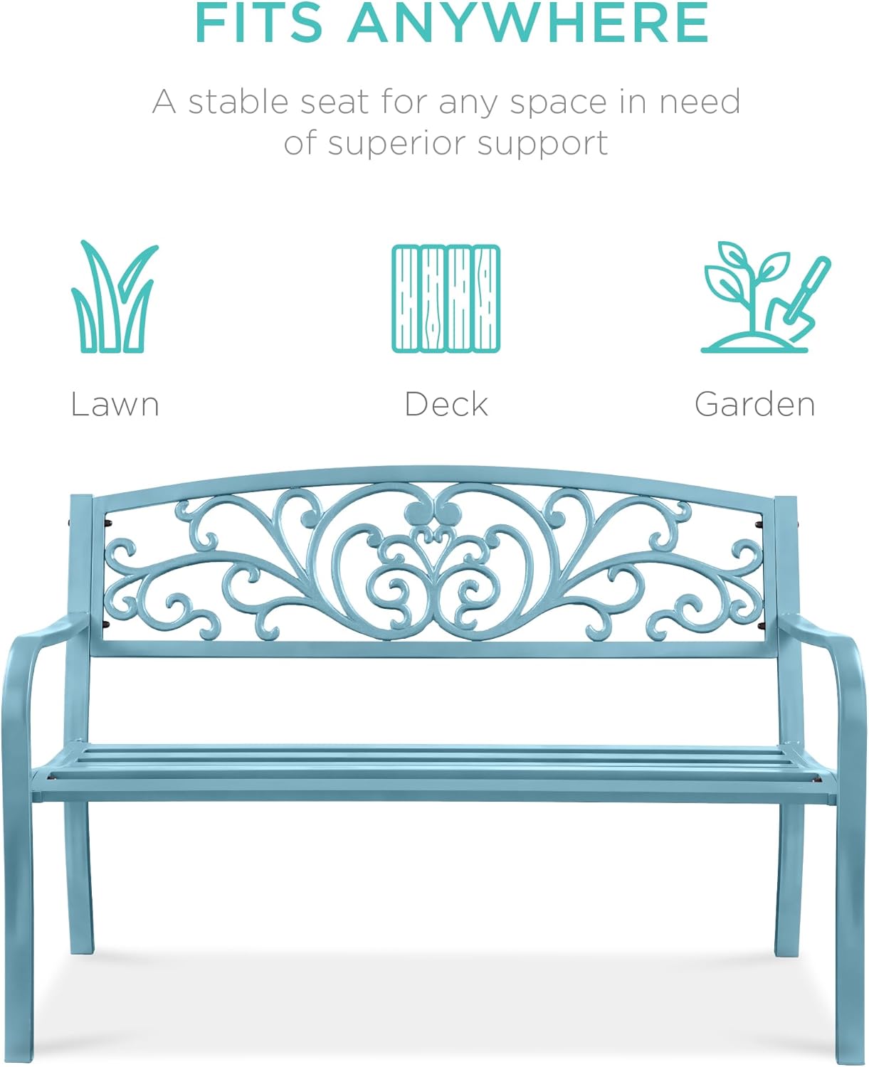 Best Choice Products Outdoor Bench Steel Garden Patio Porch Furniture for Lawn, Park, Deck w/Floral Design Backrest, Slatted Seat - Sky Blue