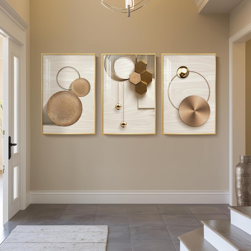 Large Framed Modern Luxury Gold Wall Art for Living Room, 3 Piece Bright Style Art Prints Paintings Artwork for Walls, Bronze Gold Geometric Pictures for Hallway Stair Office Wall Decor 24x36 In