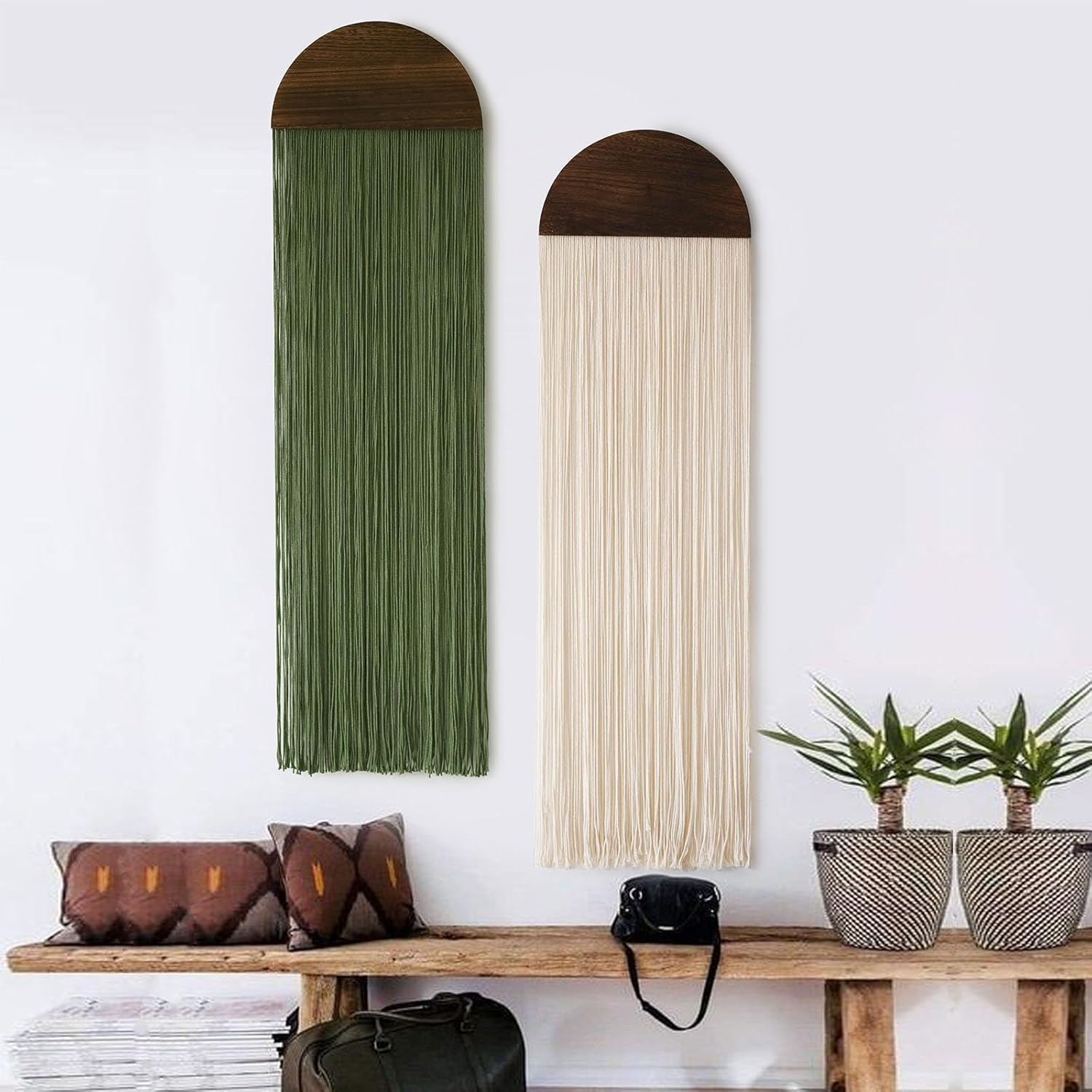 2Pcs Boho Macrame Wall Hanging Tapestry with Round Tassel