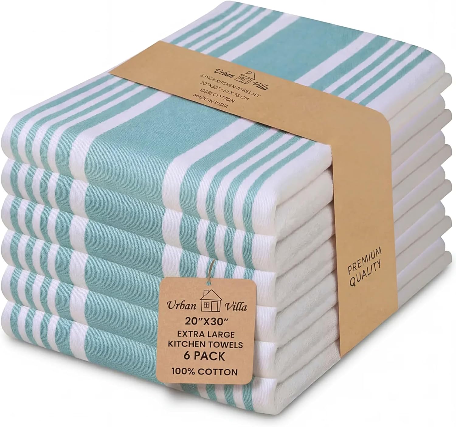 Urban Villa Kitchen Towels 100% Cotton Dish Towels for Kitchen (Set of 6) 20”x30” Dish Cloths Highly Absorbent Kitchen Linen Set with Hanging Loop Perfect for Drying Dishes Cleaning Towels-Blue White