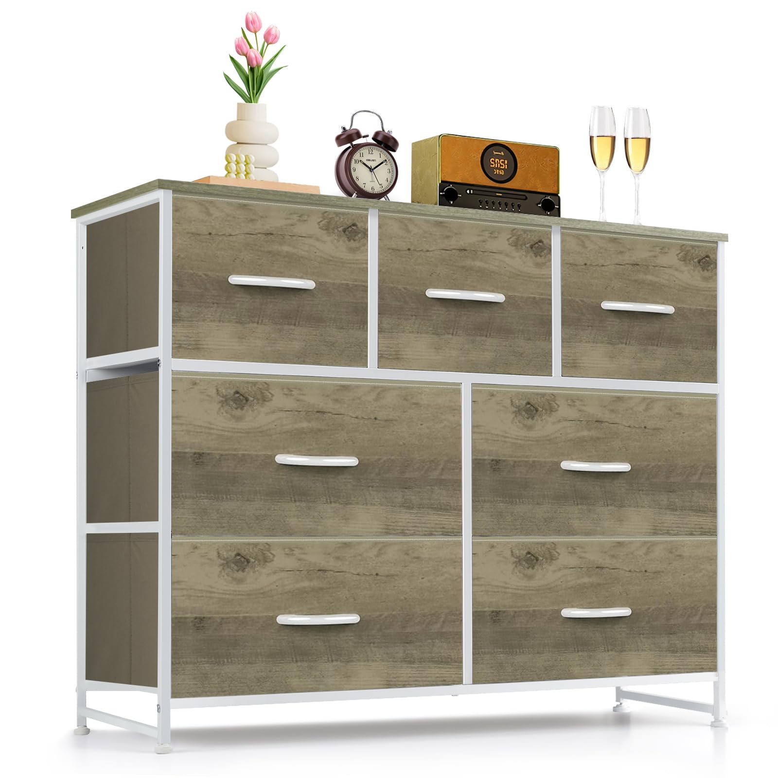 9-Drawer Dresser for Bedroom, Anti-Tip Tall Storage Organizer Chest of Drawers with Wooden Top and Metal Frame Fabric Bins for Closet, Living Room, Hallway, Entryway, White
