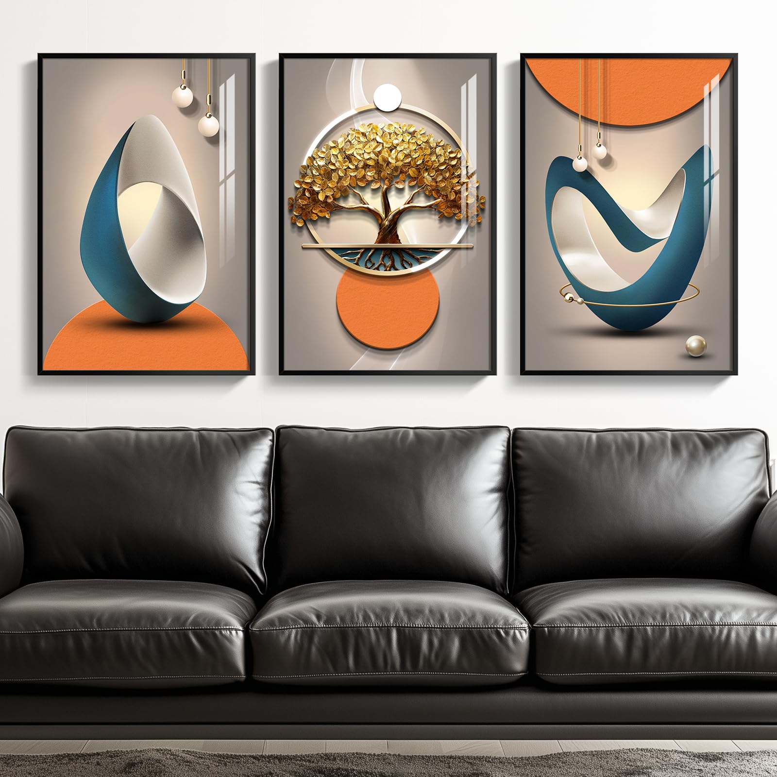 Large Framed Modern Luxury Gold Wall Art for Living Room, 3 Piece Bright Style Art Prints Paintings Artwork for Walls, Bronze Gold Geometric Pictures for Hallway Stair Office Wall Decor 24x36 In