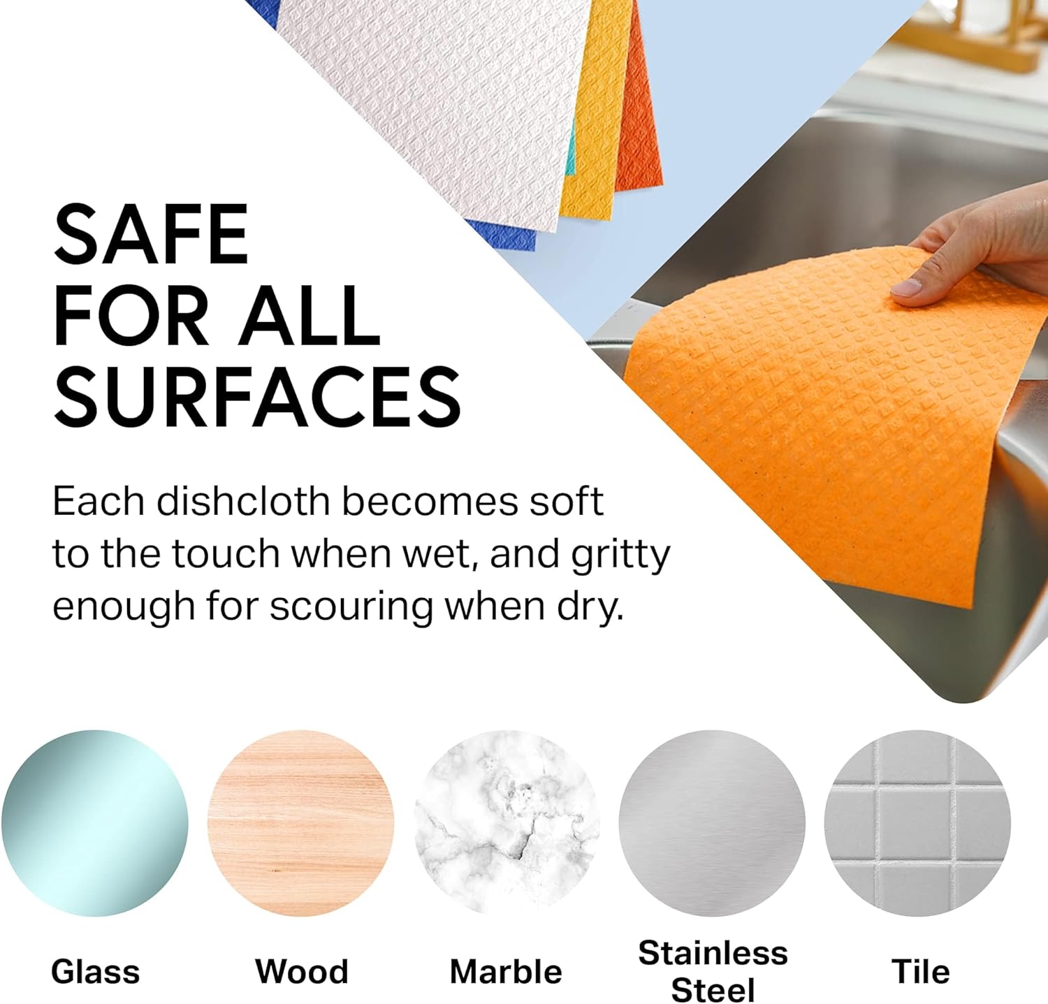 Swedish Wholesale Dishcloths Reusable 8" x 7" Sponge Cloths, Bulk 10 Pack of High Absorbent Cellulose Dish & Kitchen Cleaning Hand Towels, Wring to Dry & Machine Wash, Odor Resistant, White