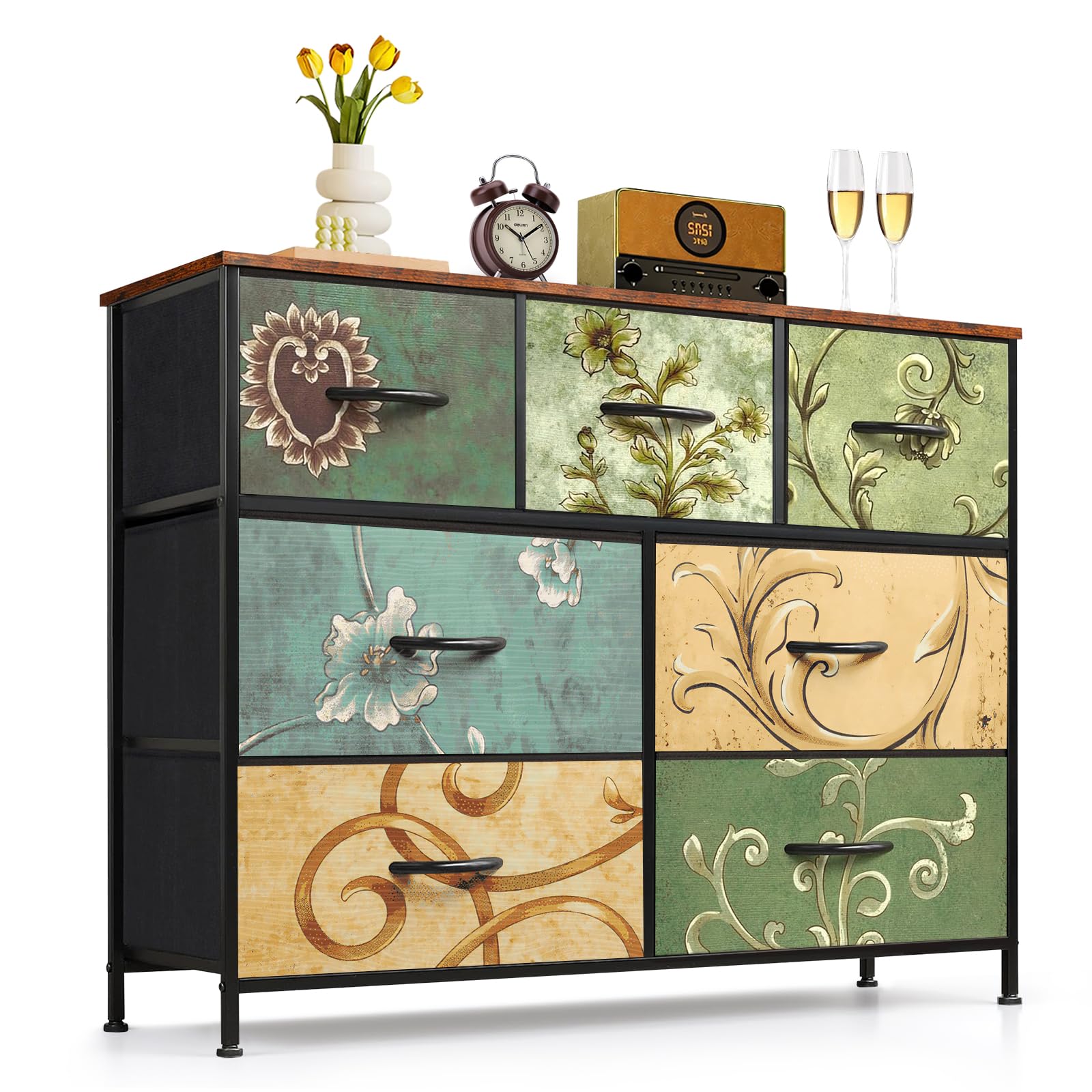 9-Drawer Dresser for Bedroom, Anti-Tip Tall Storage Organizer Chest of Drawers with Wooden Top and Metal Frame Fabric Bins for Closet, Living Room, Hallway, Entryway, White