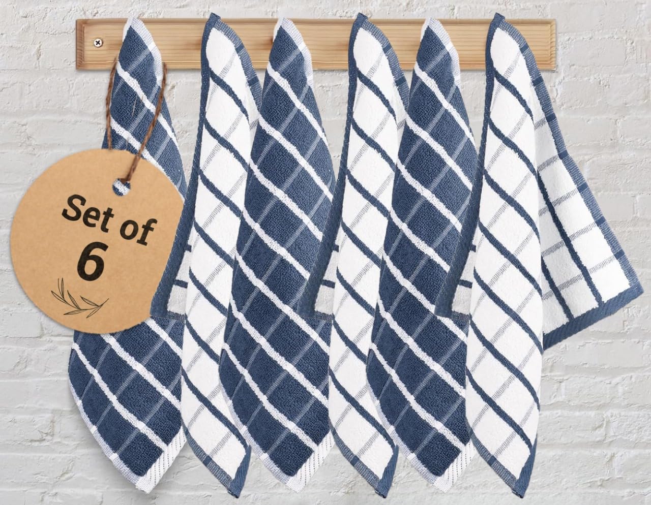 Urban Villa Kitchen Towels 100% Cotton Dish Towels for Kitchen (Set of 6) 20”x30” Dish Cloths Highly Absorbent Kitchen Linen Set with Hanging Loop Perfect for Drying Dishes Cleaning Towels-Blue White