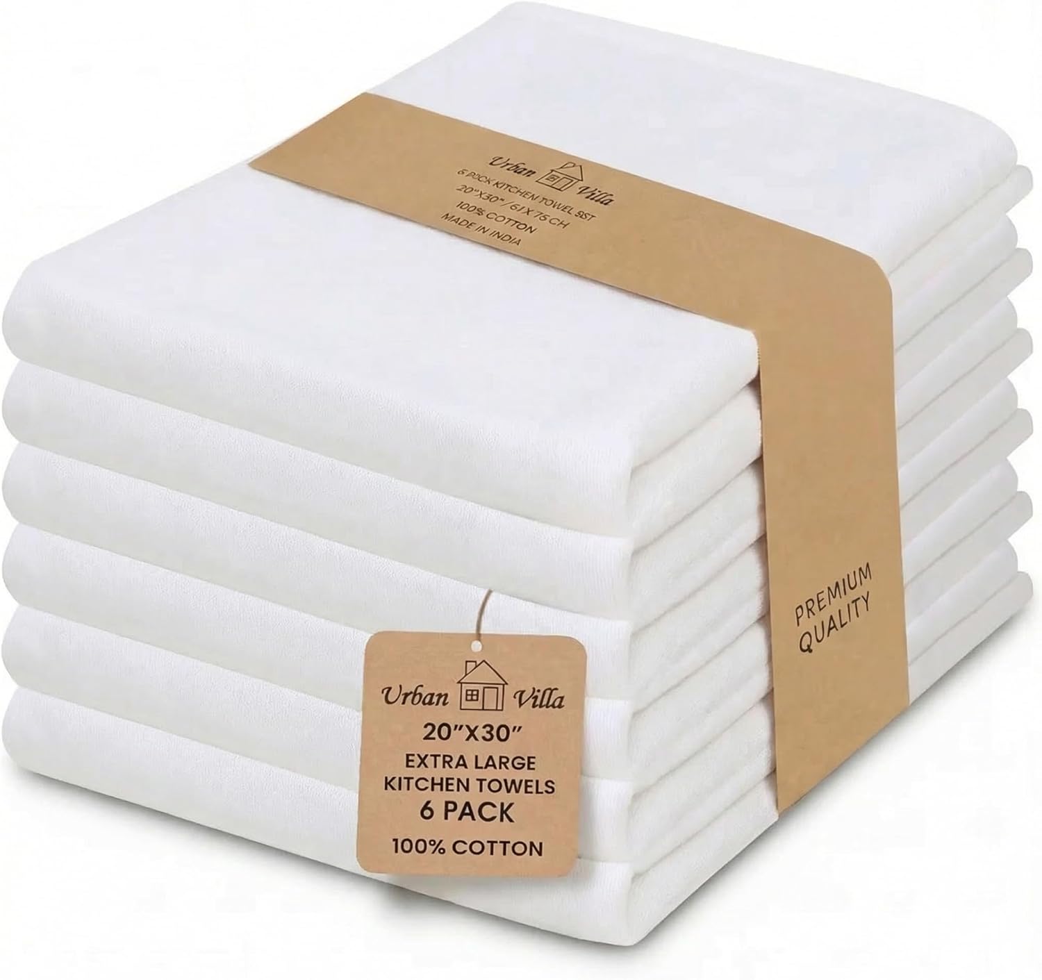 Urban Villa Kitchen Towels 100% Cotton Dish Towels for Kitchen (Set of 6) 20”x30” Dish Cloths Highly Absorbent Kitchen Linen Set with Hanging Loop Perfect for Drying Dishes Cleaning Towels-Blue White