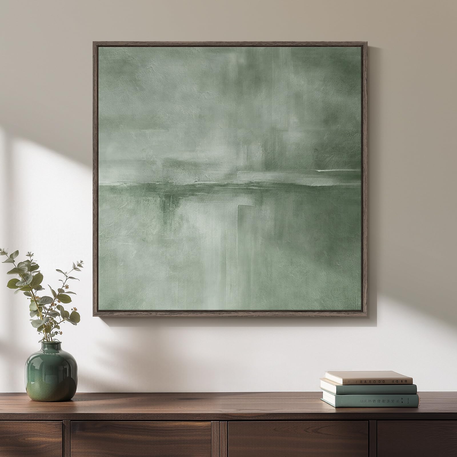 Framed Sage Green Abstract Wall Art, Modern Canvas Prints Artwork for Walls, Square Minimalist All Green Abstract Pictures for Living Room, Hallway, Fireplace, Bedroom, Home Office Wall Decor 30x30 In