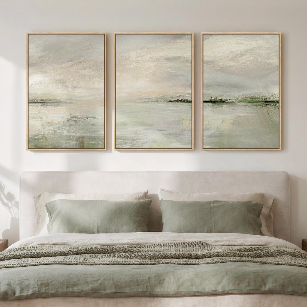 Large Framed Abstract Nature Landscape Wall Art for Living Room, Set of 3 Modern Canvas Prints Paintings Artwork for Walls, Green Lake Pictures for Hallway, Dining Room, Office Wall Decor 24x36 Inch