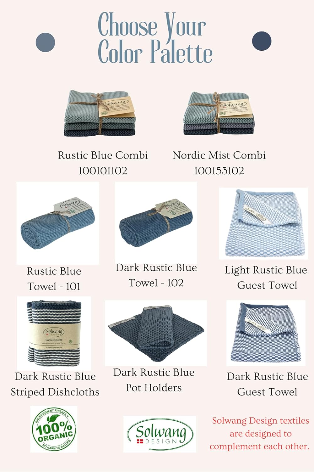 Solwang 3-Piece Danish Cotton Dishcloths in 100% Certified Organic Cotton Made in India (Rustic Blue Organic Combi)
