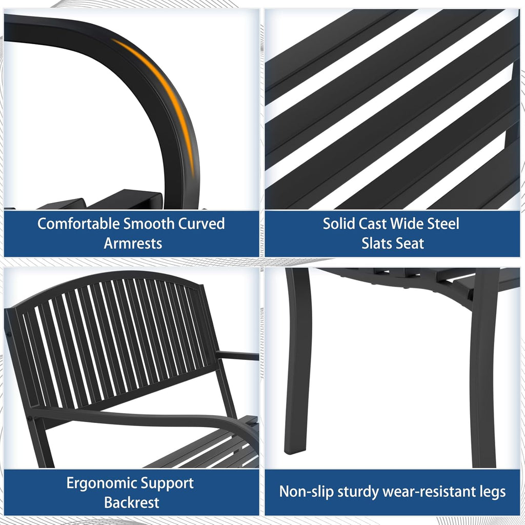 Outdoor Bench Garden Bench, Weatherproof Anti-Rust Heavy-Duty Outside Benches Clearance, Wrought Iron Metal Bench for Front Porch, Patio, Park