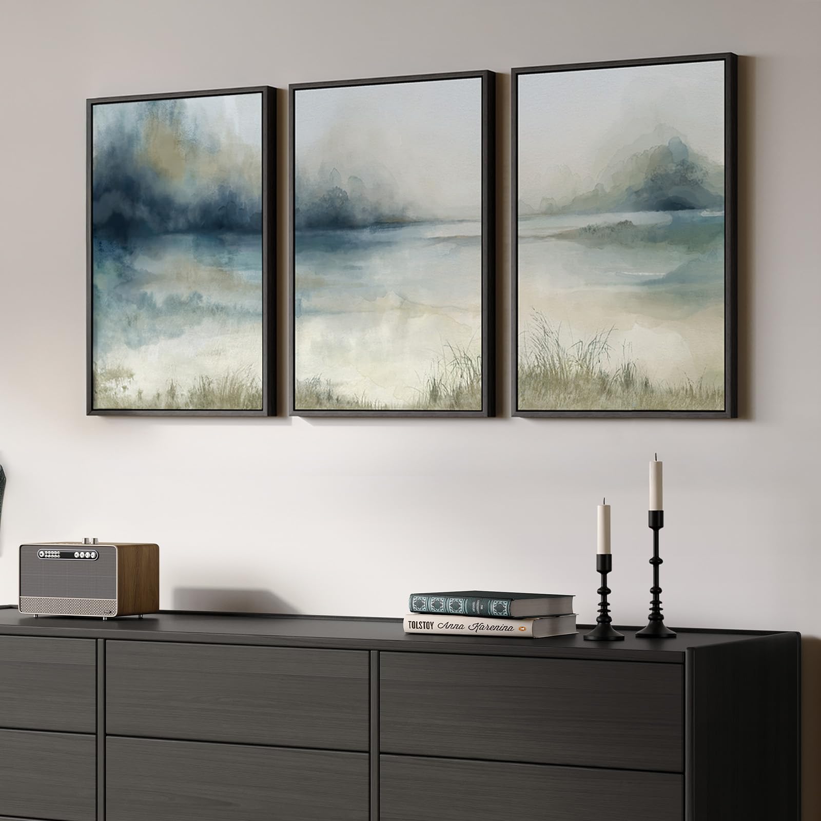 Large Framed Abstract Nature Landscape Wall Art for Living Room, Set of 3 Modern Canvas Prints Paintings Artwork for Walls, Green Lake Pictures for Hallway, Dining Room, Office Wall Decor 24x36 Inch