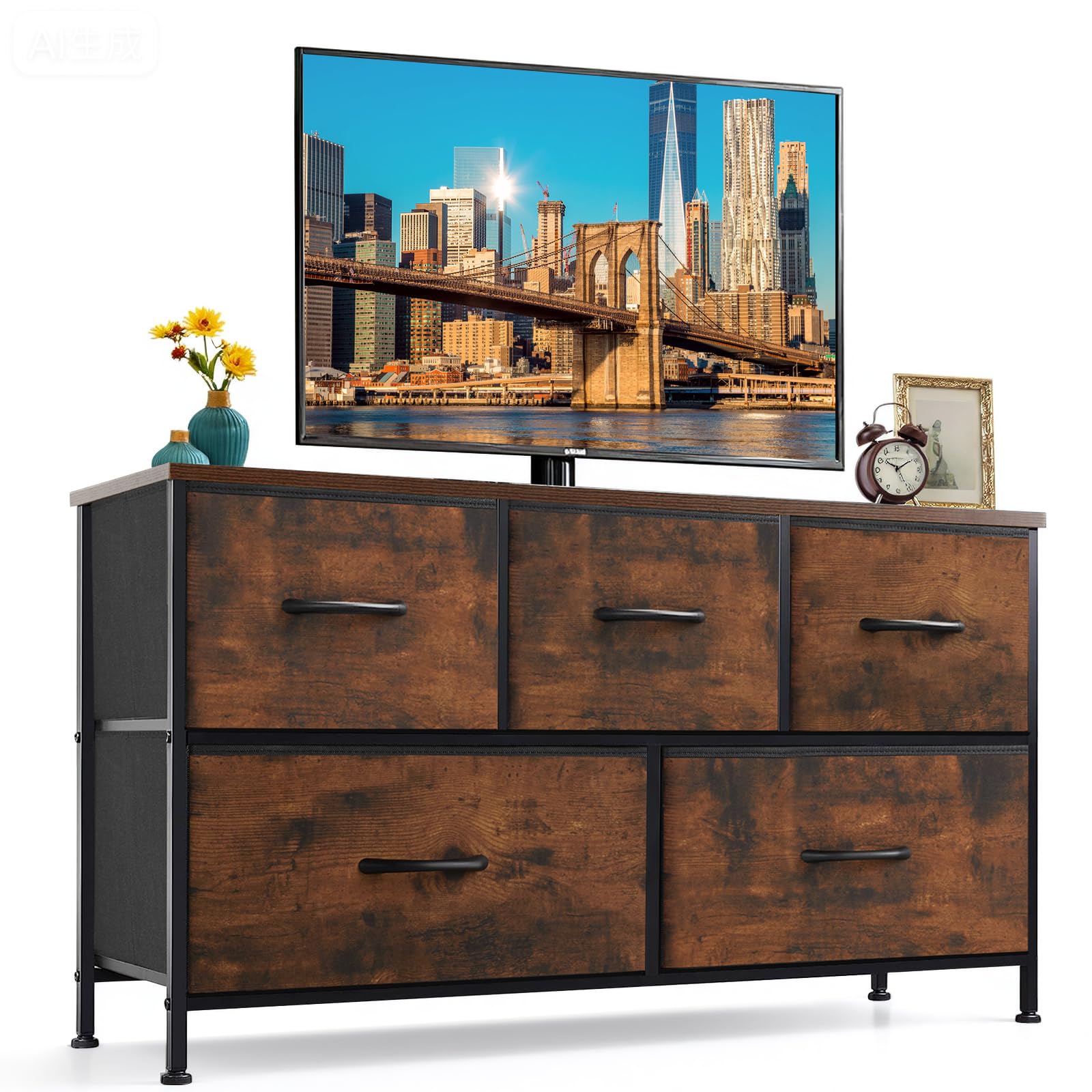 9-Drawer Dresser for Bedroom, Anti-Tip Tall Storage Organizer Chest of Drawers with Wooden Top and Metal Frame Fabric Bins for Closet, Living Room, Hallway, Entryway, White