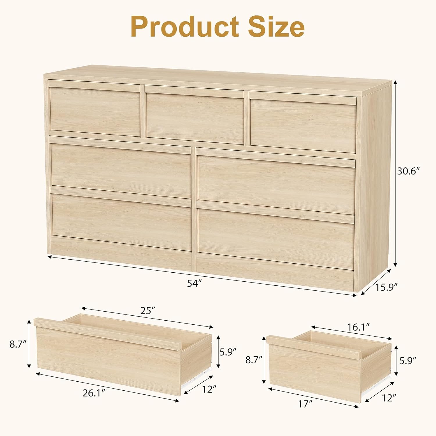 GarveeHome 7 Drawer Dresser for Bedroom, 54in Wide Natural Oak 7 Chest of Drawers with Large Storage, Wooden Dresser Organizer Closet for Living Room, Entryway, Nursery